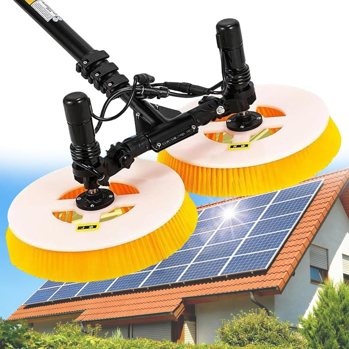 Uitschuifstokk Himopuer Professionele Solar-reinigingsborstel, 65 cm / 25,59 inch werkbreedte, voor buiten, dubbele rotatiekop, telescoopsteel