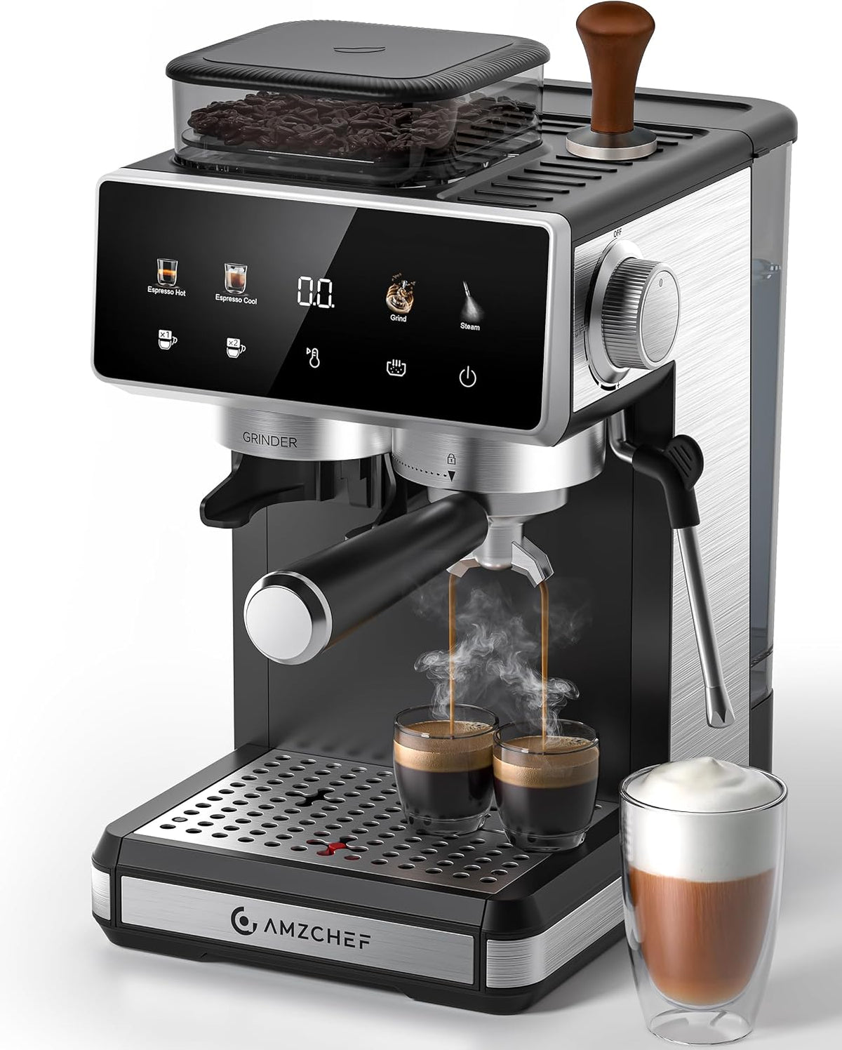 Amzchef Espressomachine Zeefdragermachine, 20 bar, 3 temperatuurniveaus, 20 maalgraden, met maalwerk, voor thuis, met melkopschuimer