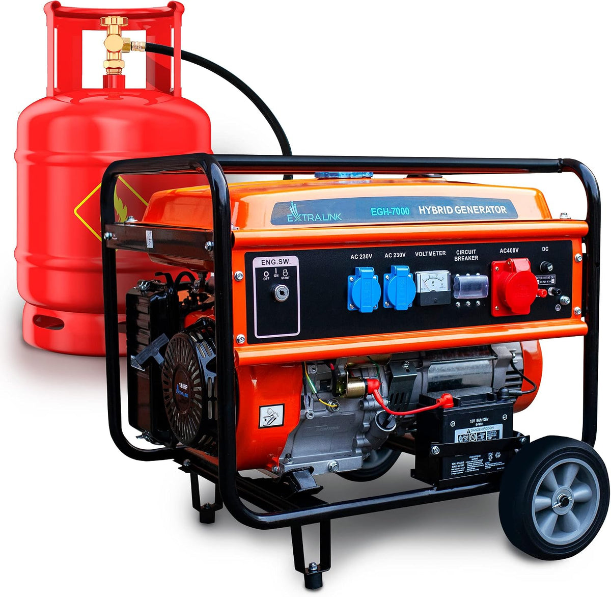 Aggregat Extralink EGH-7000 Stroomgenerator, 7 kW, 7000 W, tankinhoud 25 l, 2 x AC 230 V, 3F generator, hybride gas, LPG CNG, benzine, Easy, Start