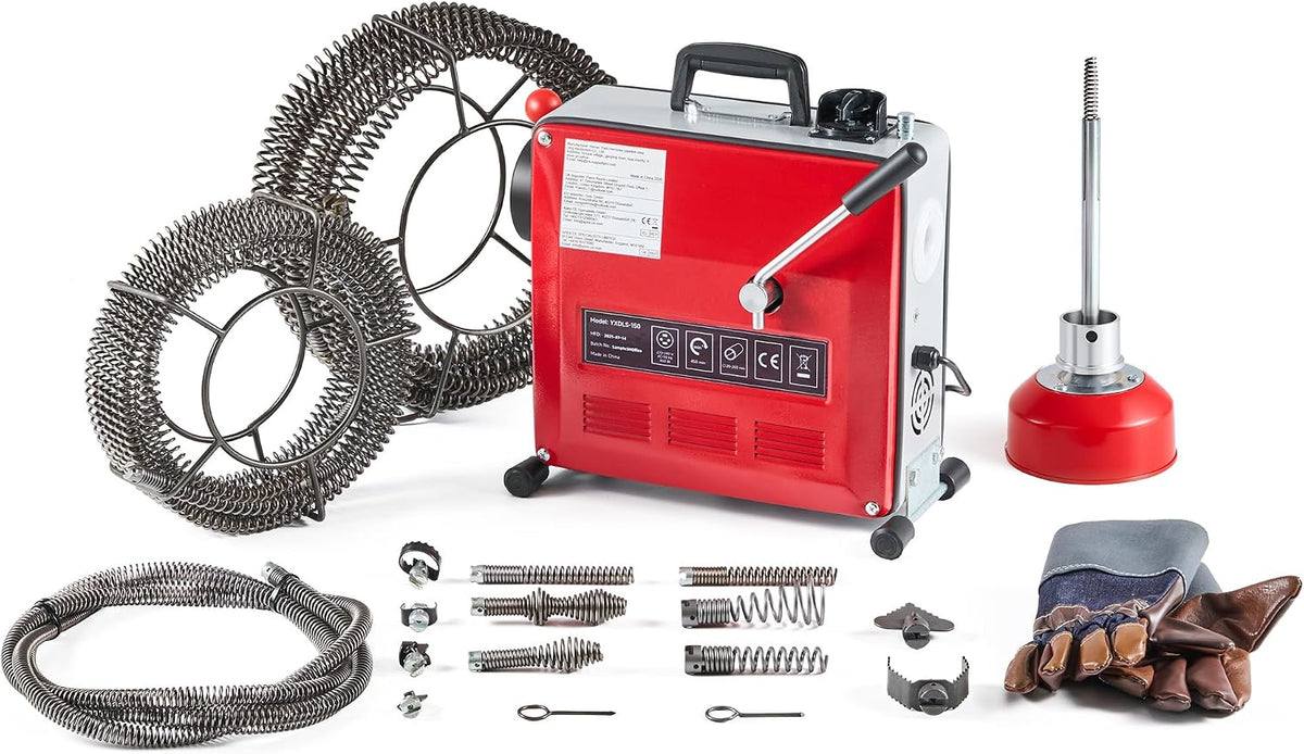 Zelcan Drainagebor 850 W buisreinigingsmachine, met Ø 10 mm, Ø 16 mm, Ø 22 mm, 450 omw/min, voor leidingen van Ø 20-200 mm, buisreinigingsspiraal