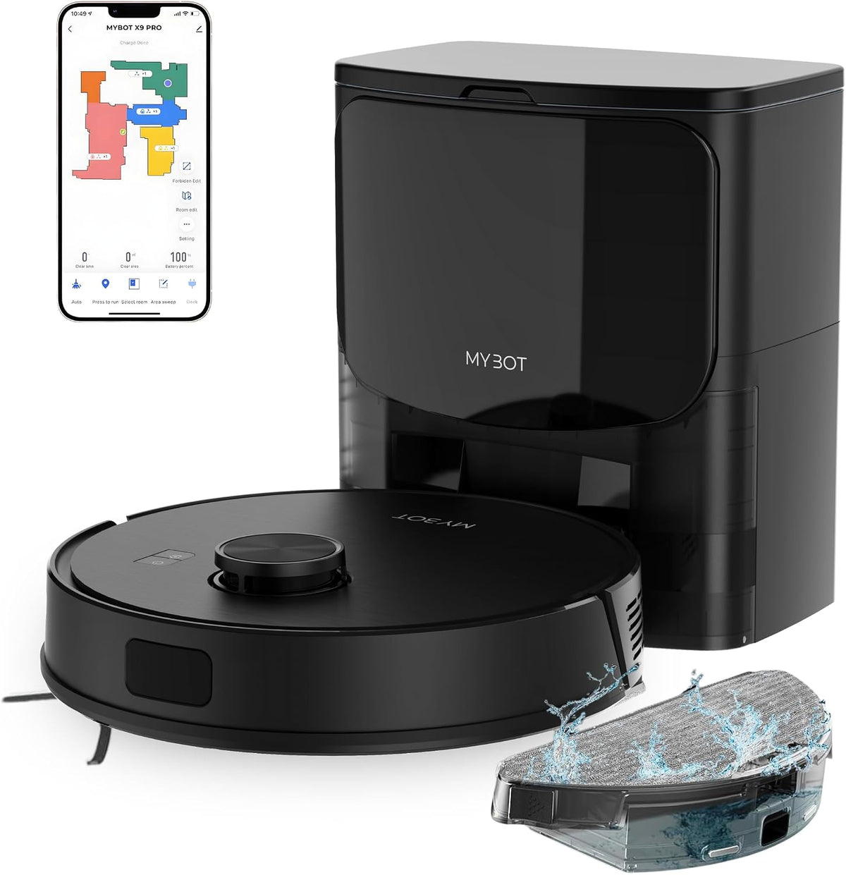 Mybot Robotstofzuiger X9 PRO, Met Dweilfunctie - 6500PA Zuigkracht, Ideaal, voor Huisdieren, Met Laadstation, LDS Laser Navigatie, Met leegstation