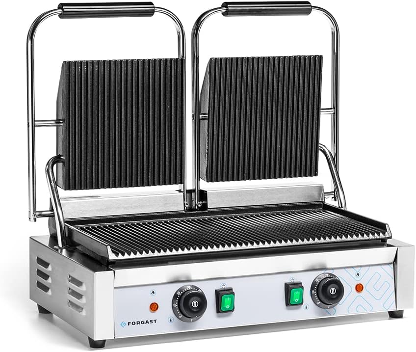 Forgast Grill Double Panini Bovenste/onderste plaat in gietijzer, met temperatuurregeling 50-300 ° C, Duurzame constructie in roestvrij staal