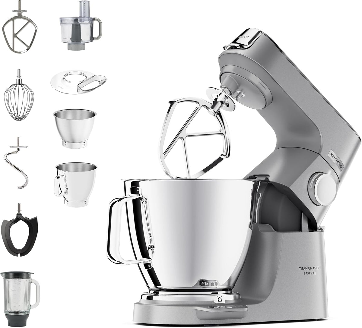 Kenwood Keukenmachine Titanium Chef Baker XL KVL85.424SI, Dubbele Kom (5/7 L), 1,2 L Voedselverwerker en 1,6 L Glazen Blender, 3 Menggereedschappen
