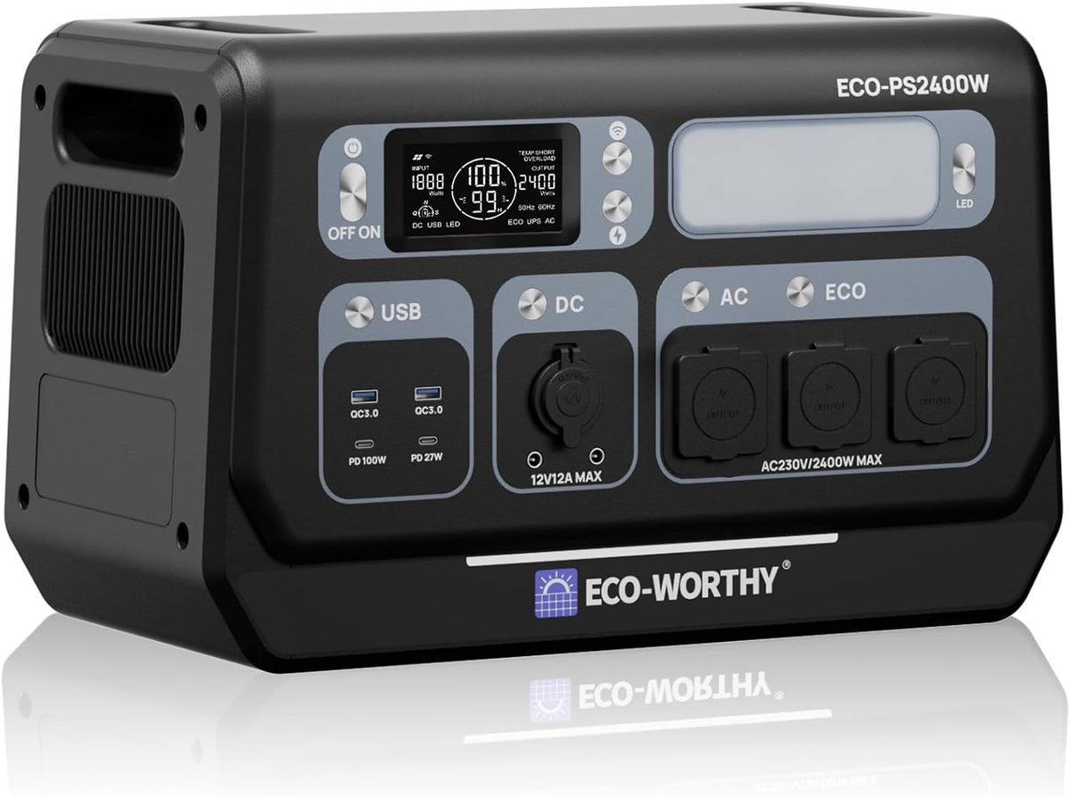 ECO-Worthy Aggregat ECO, met 10 aansluitingen (4800 W piek), Worthy PS2400W Powerstation 2048Wh LiFePO4 batterij, wifi- en bluetooth-functie, camping