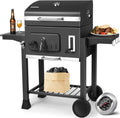 Tlsunny Grill Houtskoolgrills XXL, Zwart, Barbecue Grill Trolley, met Deksel, Grillwagen, Hoogte Verstelbaar, BBQ Grill, met Thermometer, BBQ Rookoven