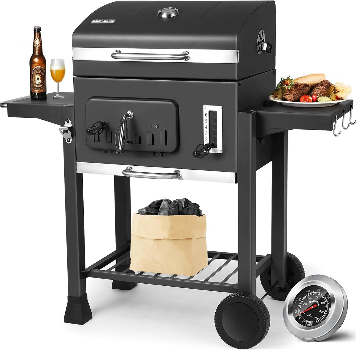 Tlsunny Grill Houtskoolgrills XXL, Zwart, Barbecue Grill Trolley, met Deksel, Grillwagen, Hoogte Verstelbaar, BBQ Grill, met Thermometer, BBQ Rookoven