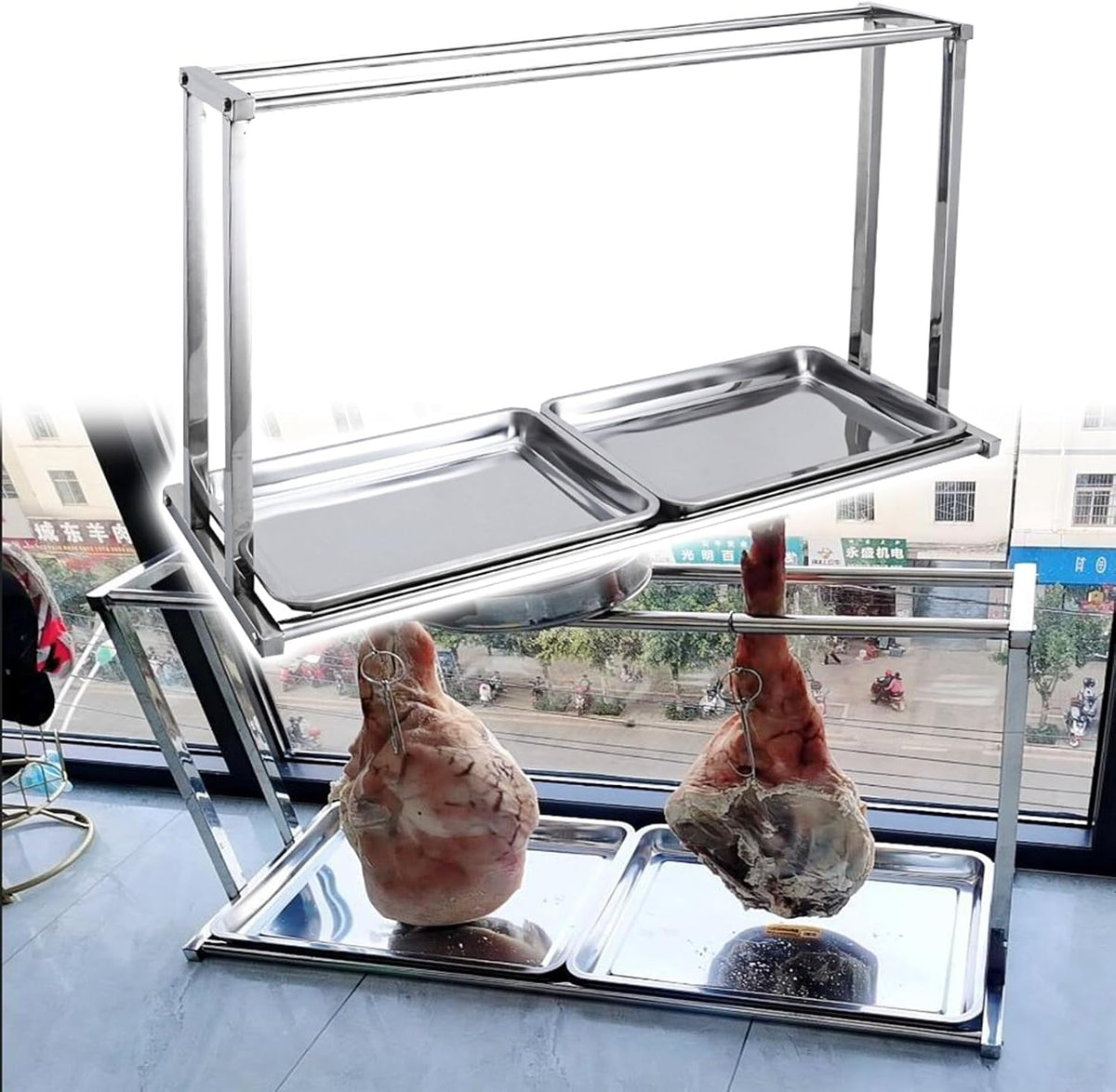 Rekken Vleeskoelrek, met dubbele lade en haken, gemakkelijk schoon te maken roestvrijstalen voedseldroger, voor rundvleesgeroosterde weergave