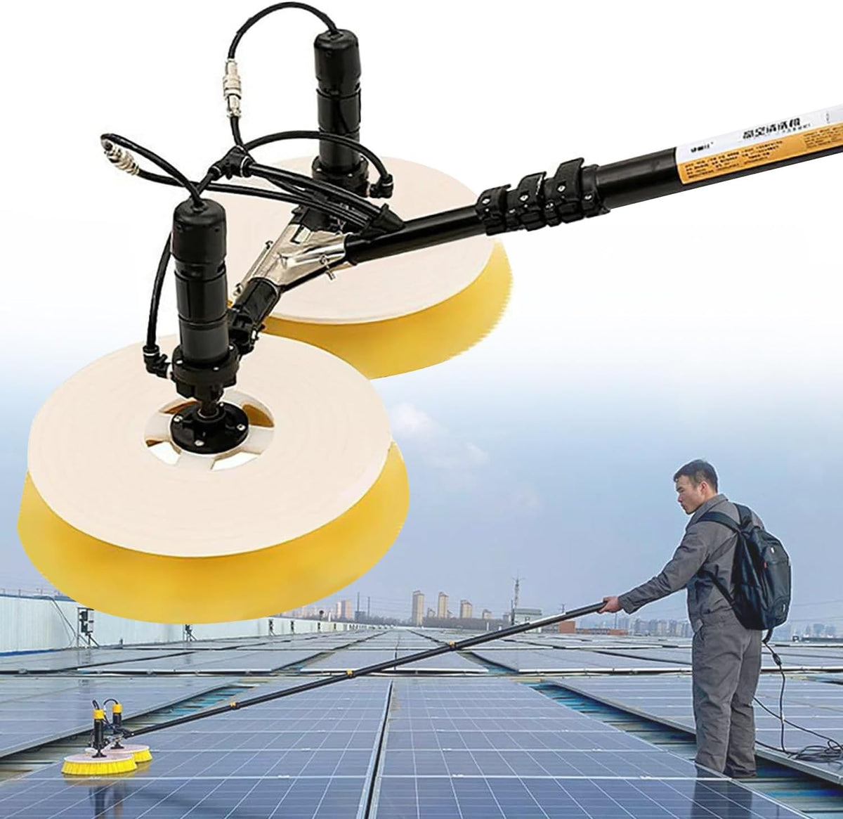 Autumflatgao Borstels Reinigingsmachine, met telescoopstang en 65 cm dubbele kop, 3,5 m, voor commerciële fotovoltaïsche modules, roterende borstelset