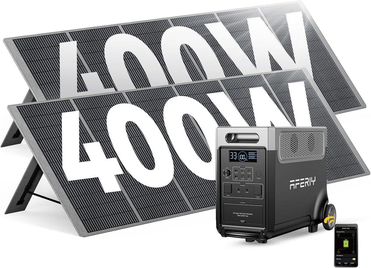 Aggregat Aferiy Draagbaar powerstation, 3600 W, met 2 x 400 W zonnepaneel, uitbreidbaar tot 11520 Wh LiFePO4 zonne-generator en 1,5 uur snel opladen