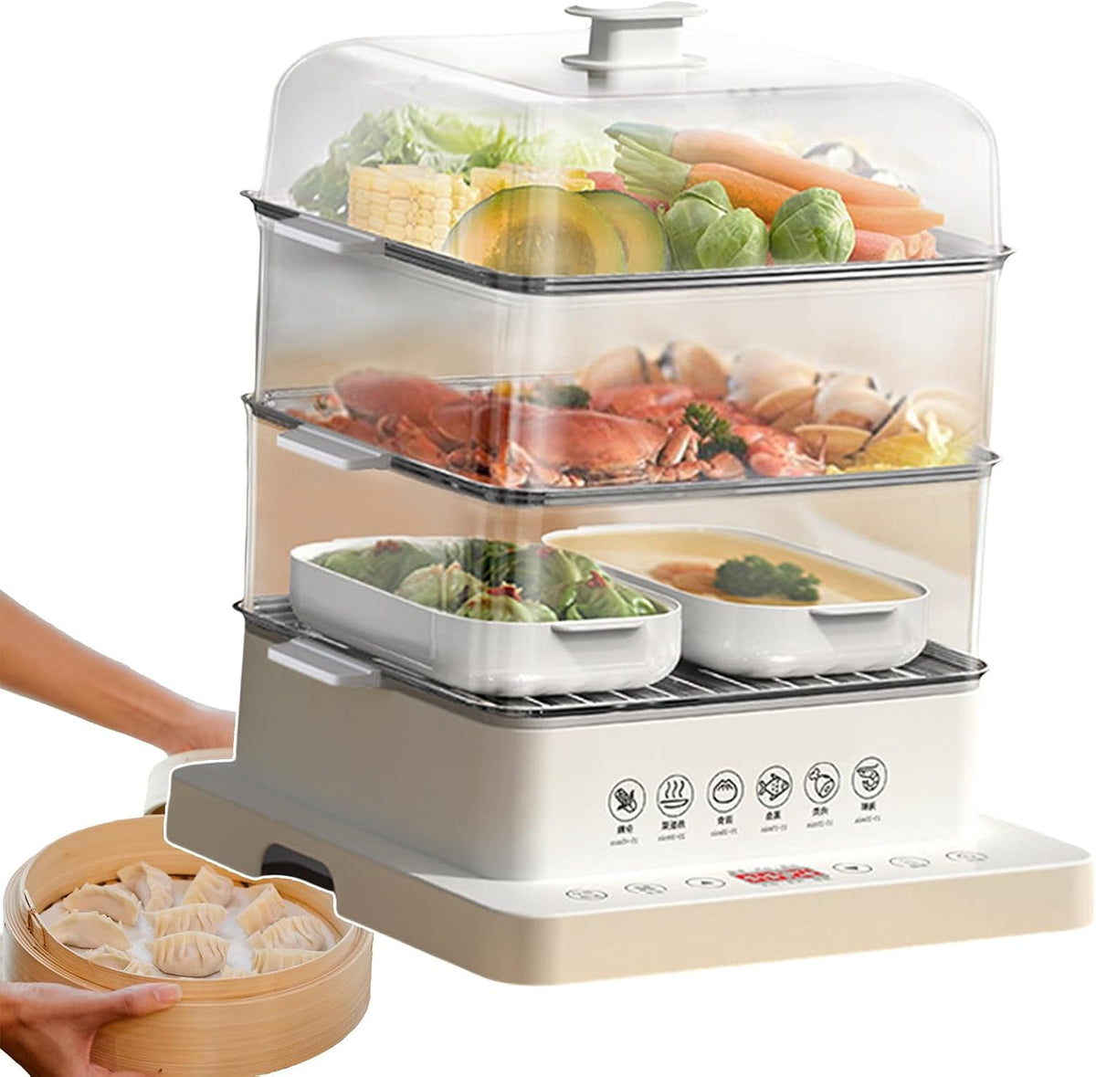 Qusyzd Steamers Elektrische stoomkokers - 360° stoomcyclusverwarmer, Opvouwbare 3-laags warm voedselverwarmer, met een capaciteit van 40