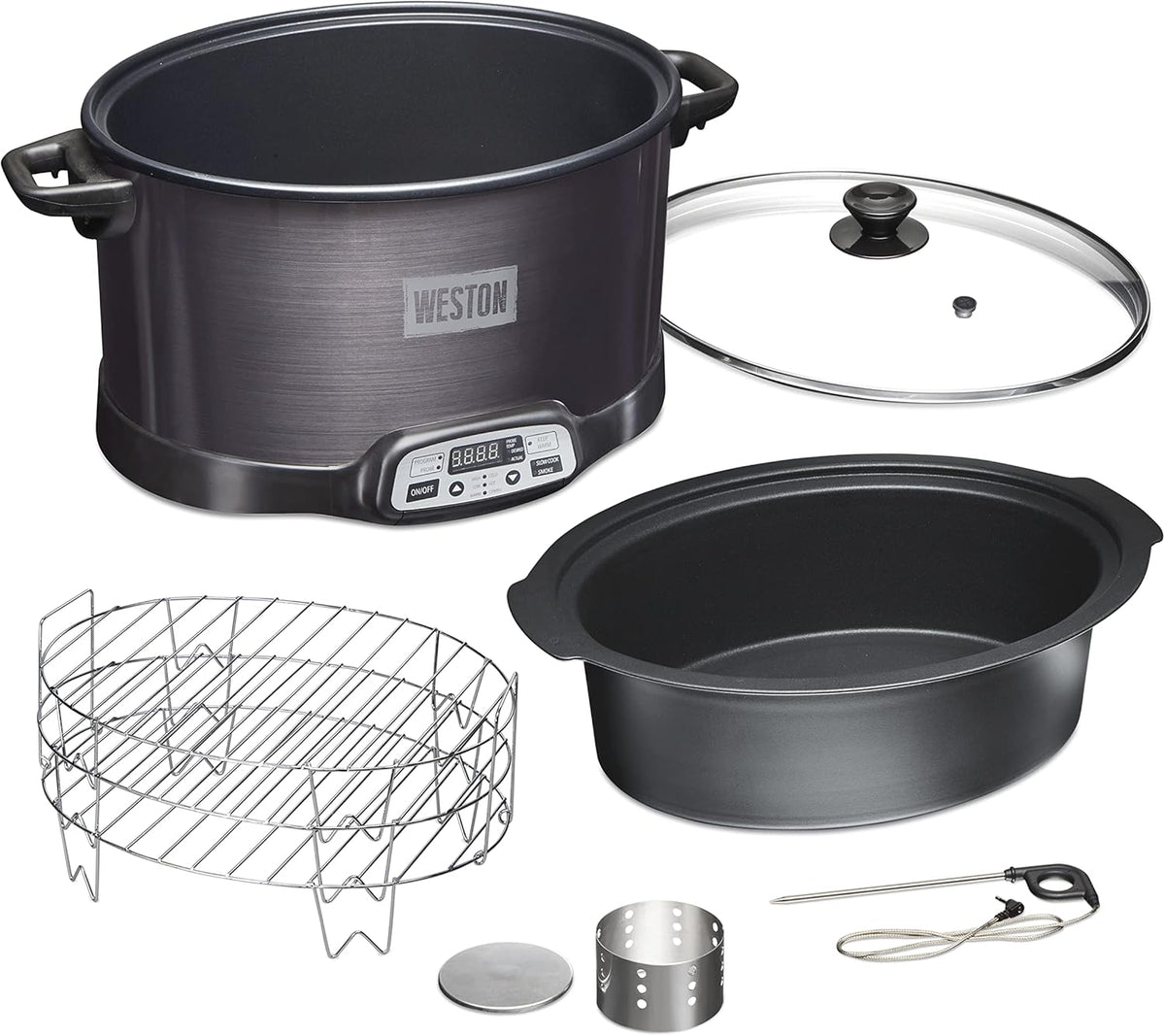 Weston Wasmachine Brands 2-in-1 elektrische roker, 6 liter, met 3 niveaus, voor binnen en programmeerbare slowcooker, rookrek, voor vlees, sonde