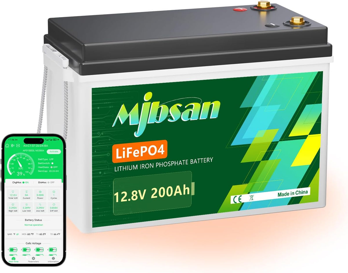 Mjbsan Oplaadbare batterij 12 V 200 Ah zelfverwarmende LiFePO4-, 2560 Wh bruikbare energie, -20 °C lading bij lage temperatuur, ingebouwde 200 A BMS