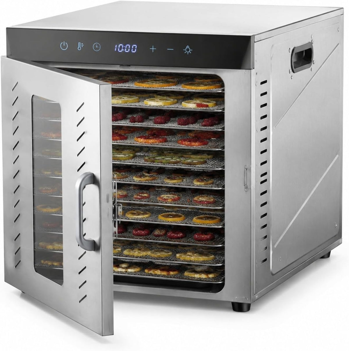 Voedseldroger, timer 0,5-48 uur, 1000 W, met 10 roestvrijstalen trays, instelbare temperatuur 30-90 °C, voor fruit groenten vlees vis