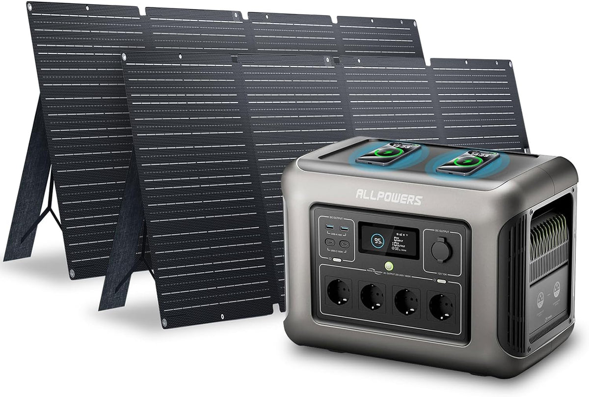 Aggregat Allpowers R1500 Set draagbaar powerstation, met 2 x 200 W zonnepaneel, met 4 1800 W AC-uitgangen, 1152 Wh LFP batterij back-up