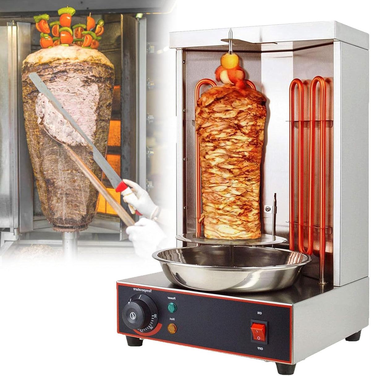 Dfdieratve Grill Shawarma Machine, met 2 Verwarmingsbuizen en Vleesopvangbak, Elektrische Verticale Kebab Gyro Grill Machine, barbecuestove