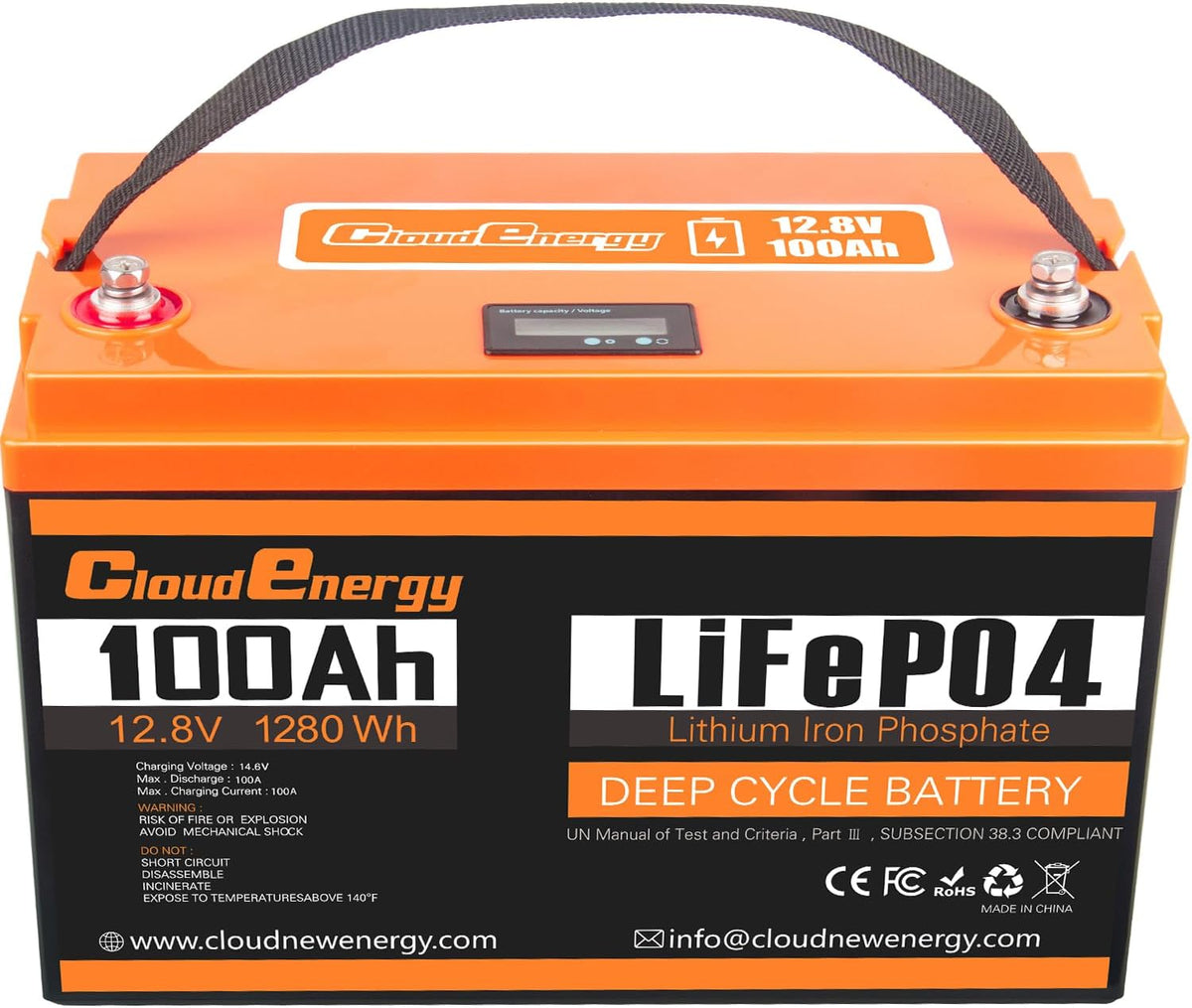 Cloudenergy Stationaire accu's 12,8V 100Ah LiFePO4 lithiumbatterij, 1280Wh, met 100A BMS. 6000+ cycli, kamperen (CL12V-100AH), voor campers, boten