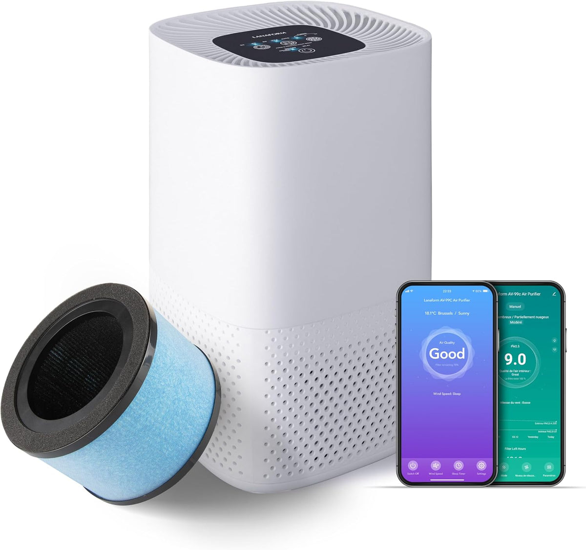 Lanaform Luchtreiniger AV-99C, HEPA H13 Luchtreiniger, PM2.5 Sensor Tegen Fijnstof, Slimme Luchtreiniger, Actieve Koolstoffilter, Voor Pollenallergie