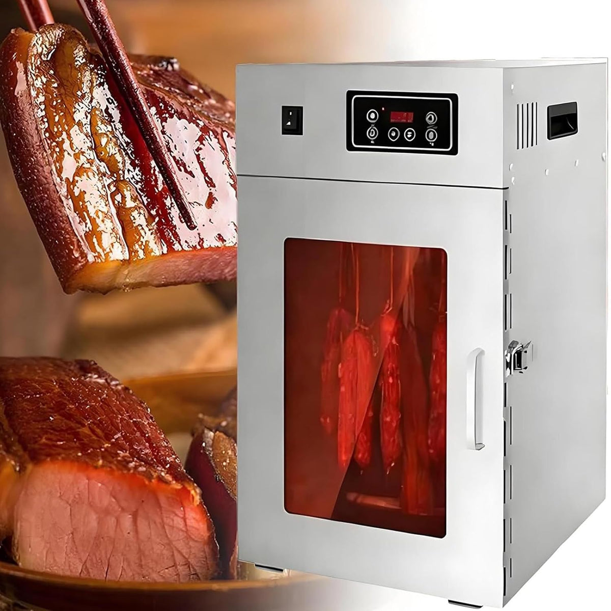 Voedseldroger Elektrische, temperatuurregeling van 30-90°C, 360° roterende roestvrijstalen worstdroger, digitale timer, beef jerky maker
