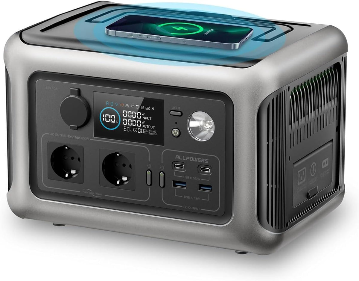 Aggregat Allpowers R600 Draagbare powerstation, 0-100% snelladen in 1 uur, 299Wh LiFePO4 batterij, met 2x 600W (1200W piek) AC uitgang zonne-generator