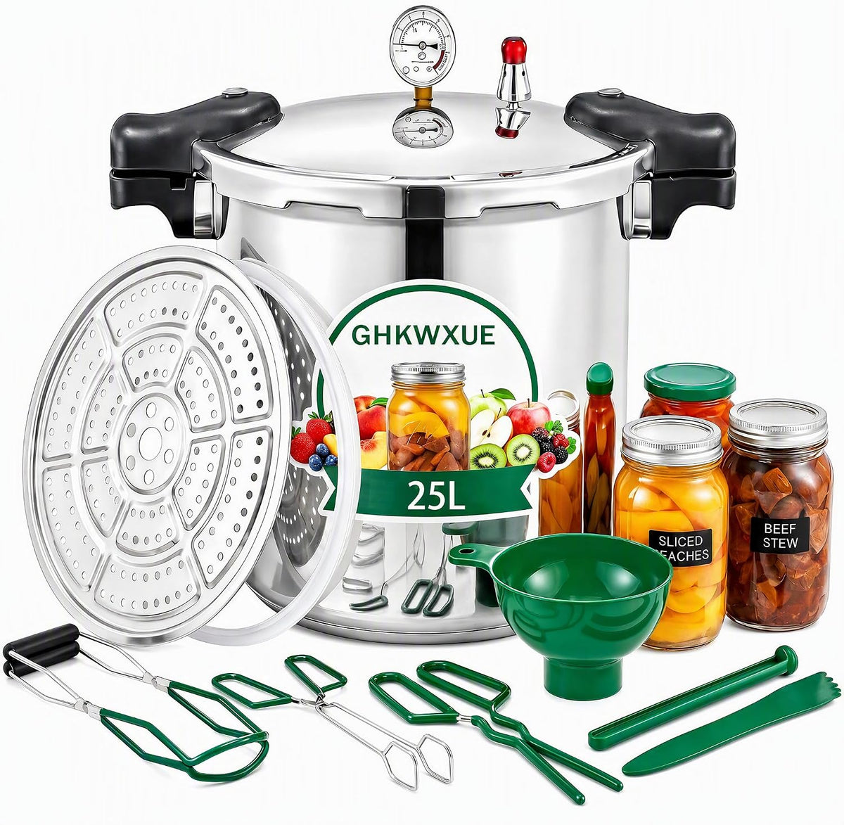 Ghkwxue Snelkookpann 25L 2-in-1 Pressure Canner Cooker Snelkookpan, 15,5Psi, 6-delige Inmaakset, Geschikt, met Drukmeter Inmaakpan