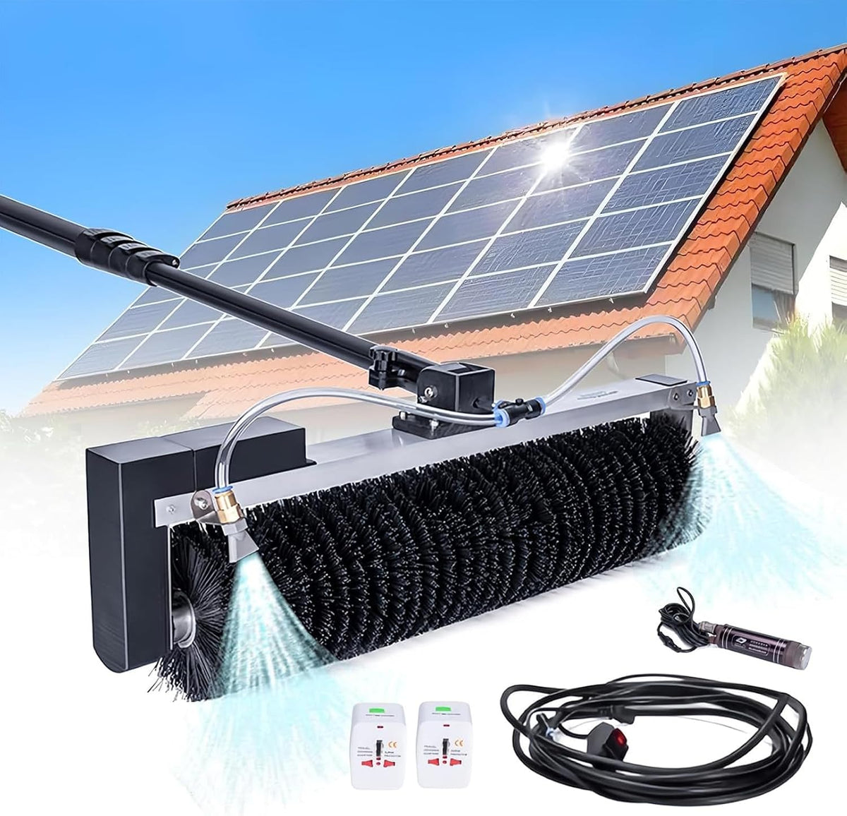 Lyjiangxin Uitschuifstokk Reinigingsset, uittrekbare stang van 3,5 - 7,5 m, voor fotovoltaïsche panelen, met roterende telescoopborstel, licht