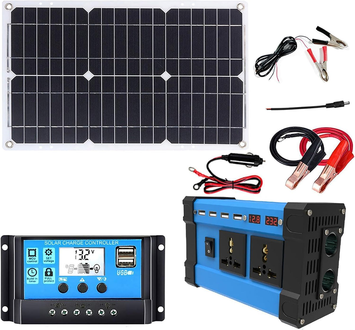 Sxykxydl Monokristallijne zonnepanel Zonnepaneelset, 18V 18W waterdicht zonnepaneel, met 6000W omvormer, 110V/220V-controller, ideaal