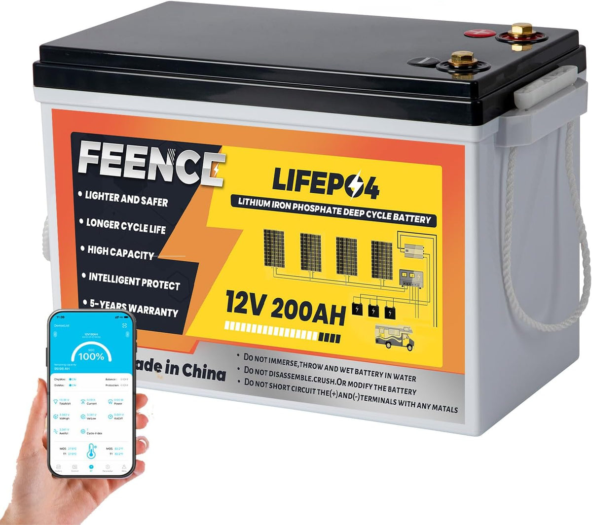 Feence Stationaire accu's Lifepo4 Mini-lithiumbatterij, Lifepo4 200 Ah bluetooth, 12 V, 200 Ah, met BMS Bluetooth 200A, 15000 cycli, 2560 Wh, autoaccu