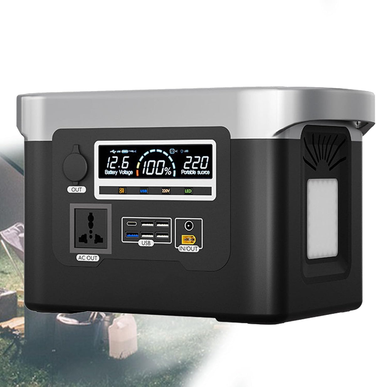 ZYT-Dhrucb Aggregat Draagbaar energiestation, zwart-600Wh, 480Wh+800W zonnegenerator, met 220V/120W stopcontact, voor kamperen, noodgevallen, vissen