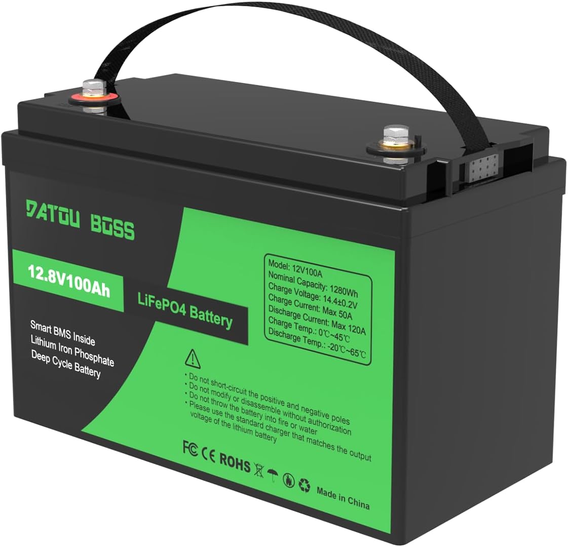 Datouboss Stationaire accu's 12V 100Ah LiFePO4-batterij 100A BMS 8000+ cycli Deep Cycle, vervanging, voor lood-zuur accu's, voor caravans