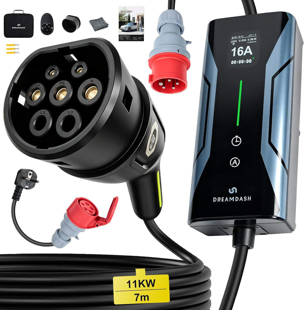 Dreamdash Oplaadstations Laadkabel Type 2 11kW EV Charger Wallbox CEE 16A, 7m EV Oplader Autolader