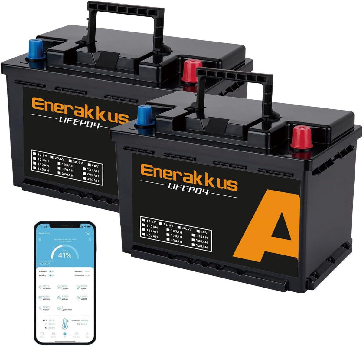 Enerakkus Oplaadbare batterij 2 Pack 12V 100Ah LiFePO4 Mini lithiumbatterij, 100A BMS bluetooth-bescherming, 10 jaar levensduur, max. 1280 Wh