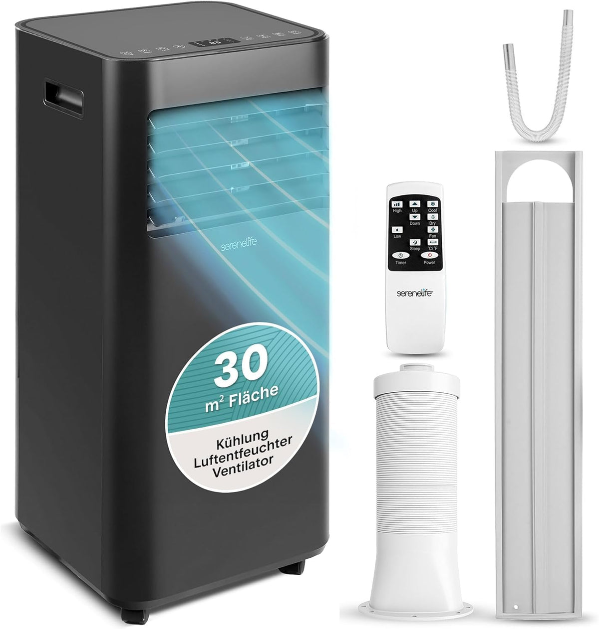 SereneLife Mobiele airco 9000 BTU, met Afstandsbediening en Raamkit, Zwart, Draagbare Airconditioning, met Koelen, Ventilator en Ontvochtiger, Stil