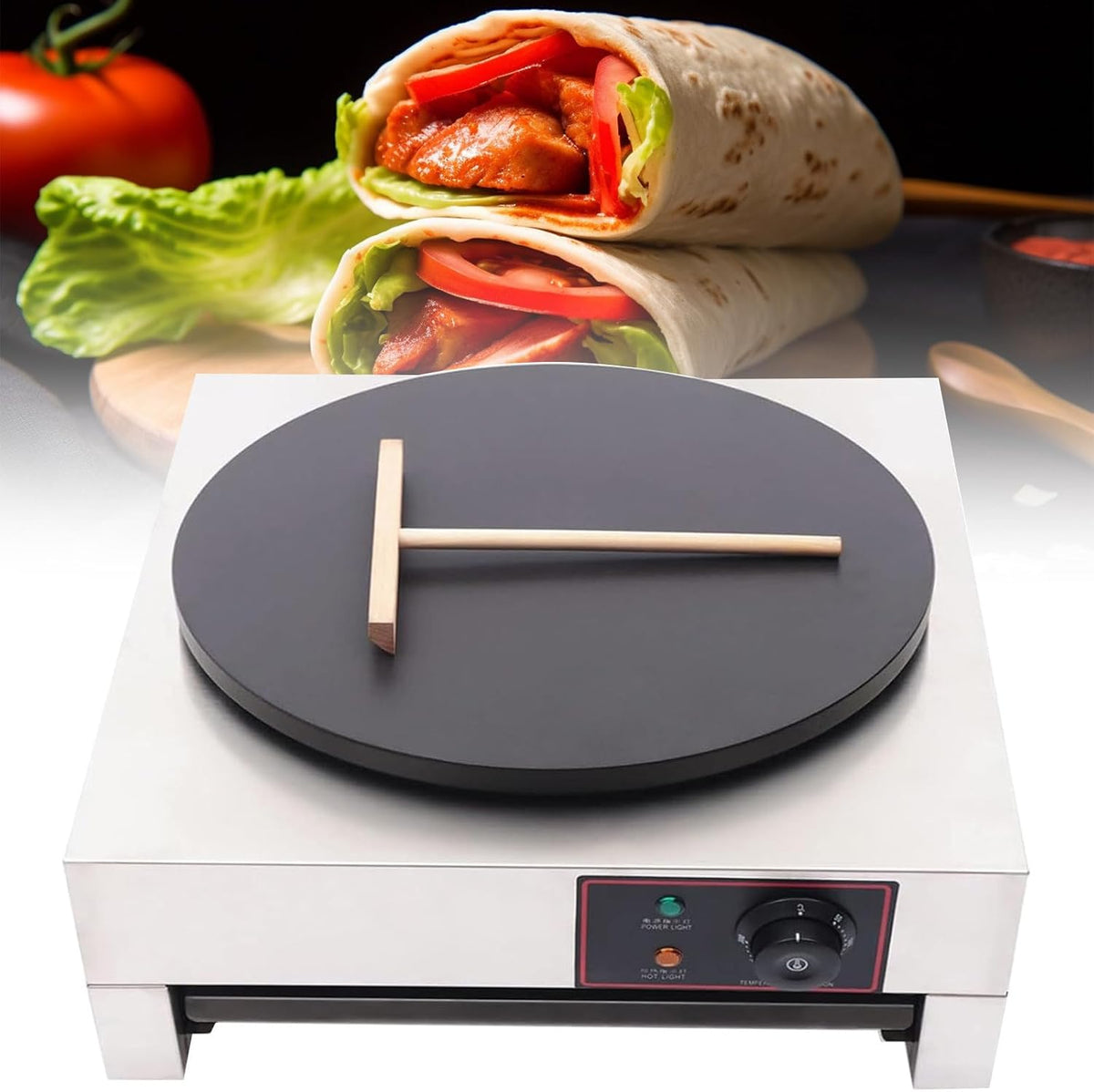 Crêpemaker Jjenxyyds Elektrische anti-aanbakpannenkoekenpan, 400 mm diameter, 3000W elektrische pannenkoekenmaker, pannenkoekenmachine, met spatel