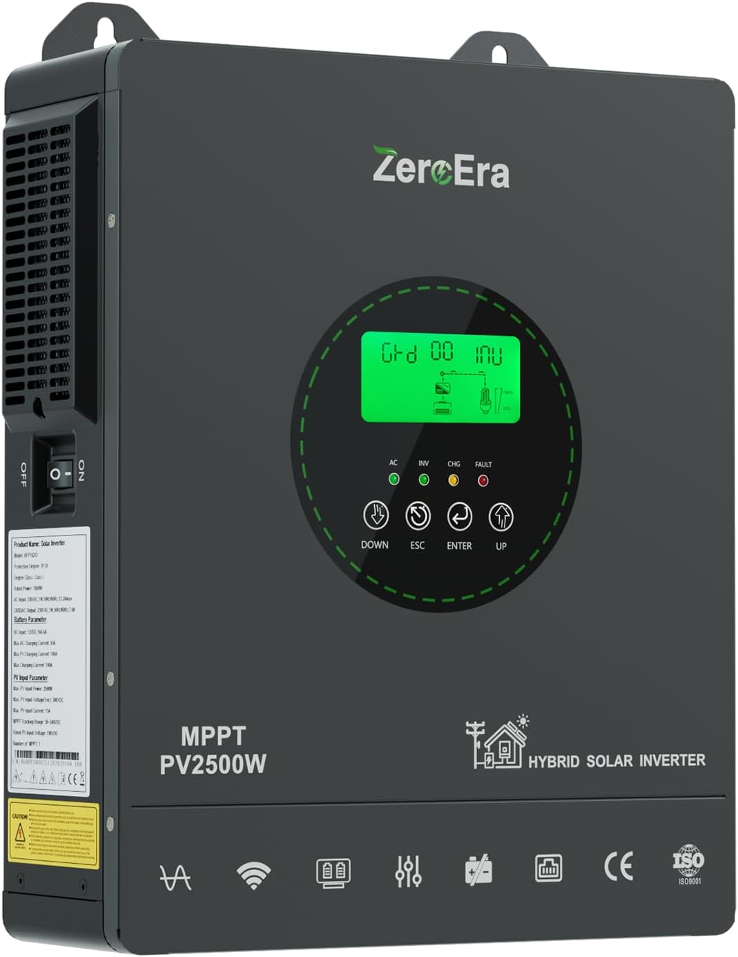 ZeroEra Hybride omvormer 12V 1800W, 12V DC naar 230V AC, Zuivere Sinusomvormer, Ondersteunt Batterijloze Werking, Ingebouwde MPPT-laadregelaar, ideaal
