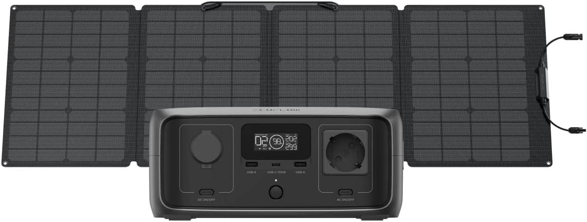 EF Ecoflow Aggregat EcoFlow River 3(UPS, vermogen tot 600 W, 10 ms) Draagbaar Energiestation, met 110W-zonnepaneel, LFP-accu van 245 Wh, voor kamperen